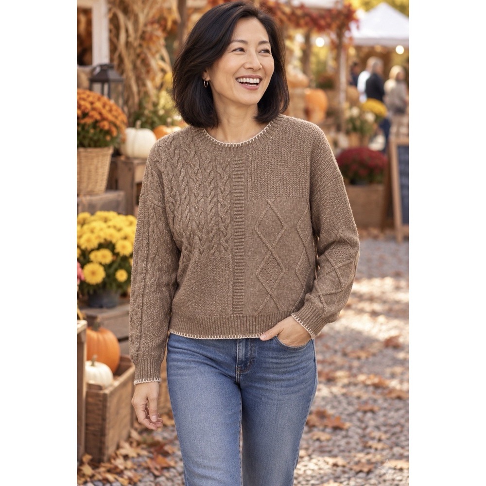 Rachel Zoe BrownCable-Knit Mock Neck Pullover Sweater Womens Size L